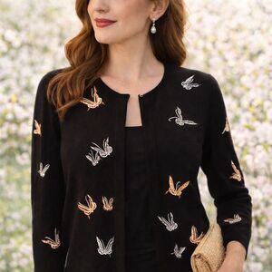 Vintage Don Rakow Black Silk Cardigan Sweater with Butterfly Embroidery